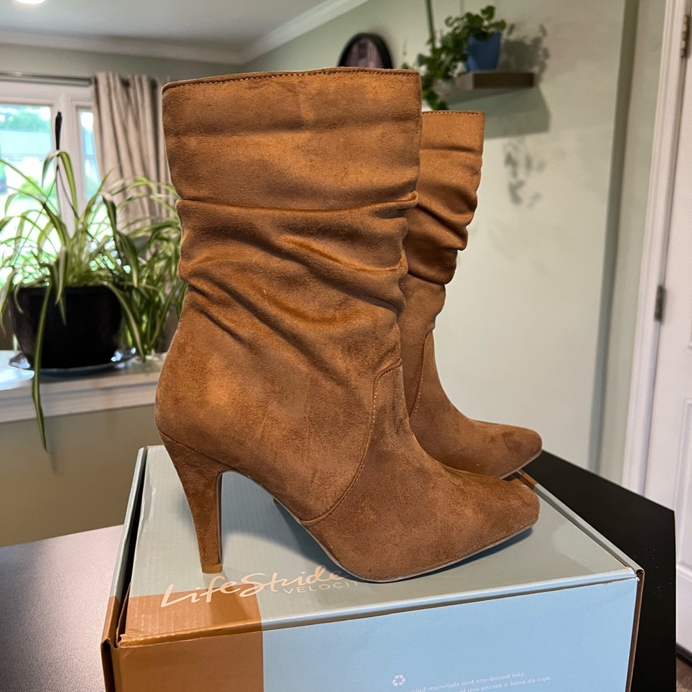 Array Tan Heeled Boots with Ruched Design